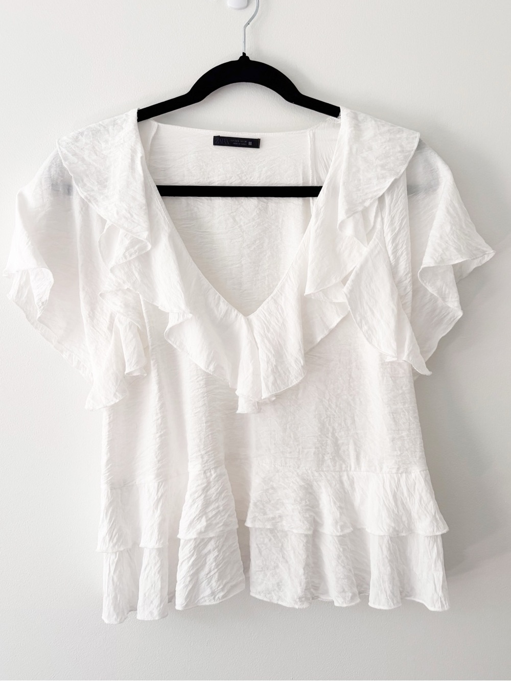 Zara White Ruffle V-Neck Women's Top